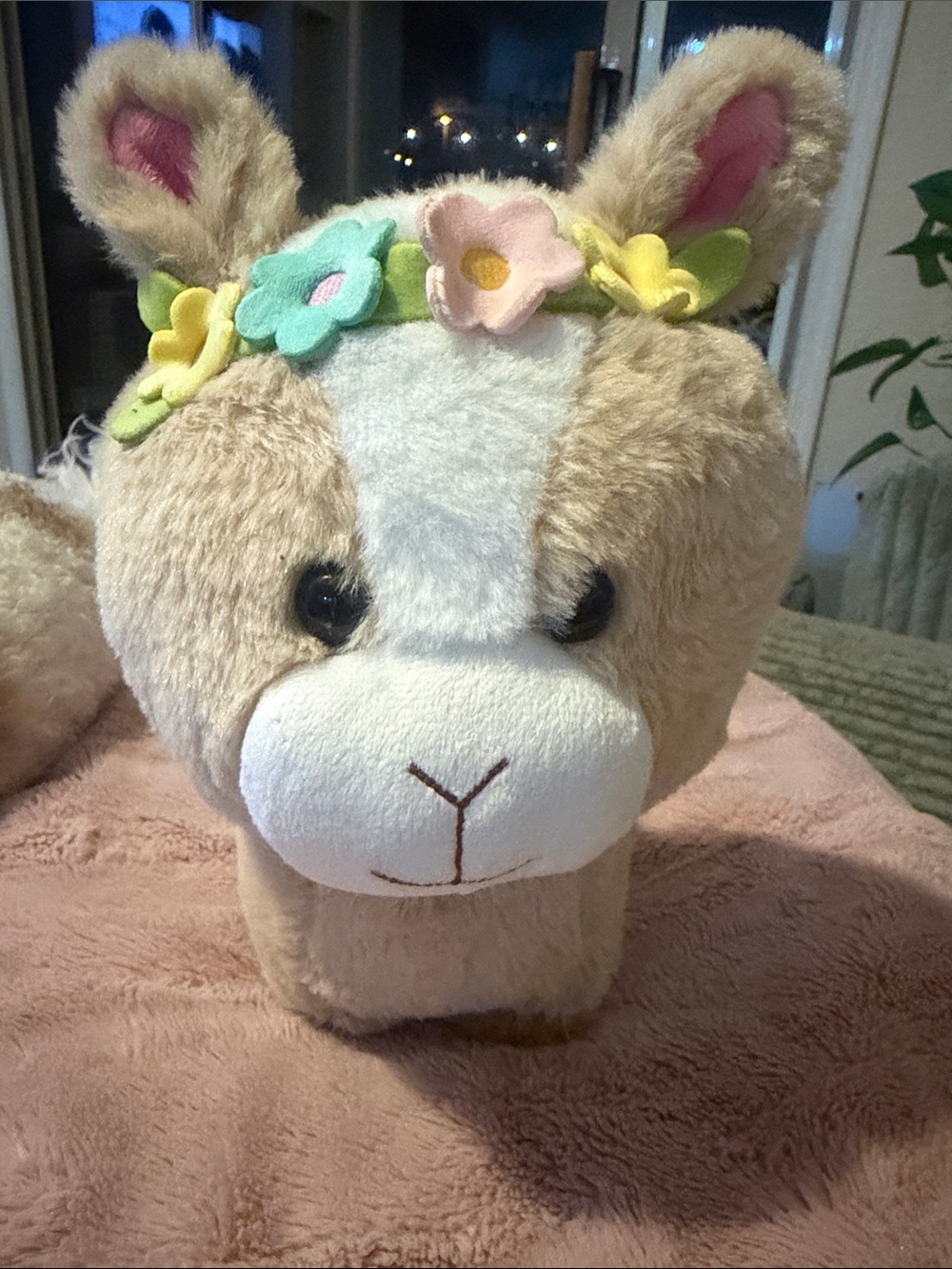 Plush Bunny Headband Accessory in Beige with Pastel Flower Accents